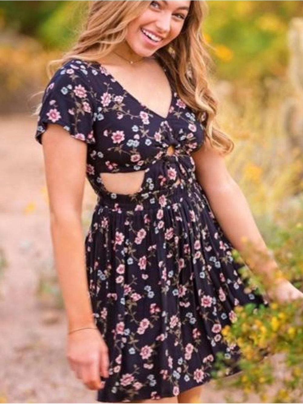 American Eagle Black Floral Cutout Tie Front Mini Dress Size M